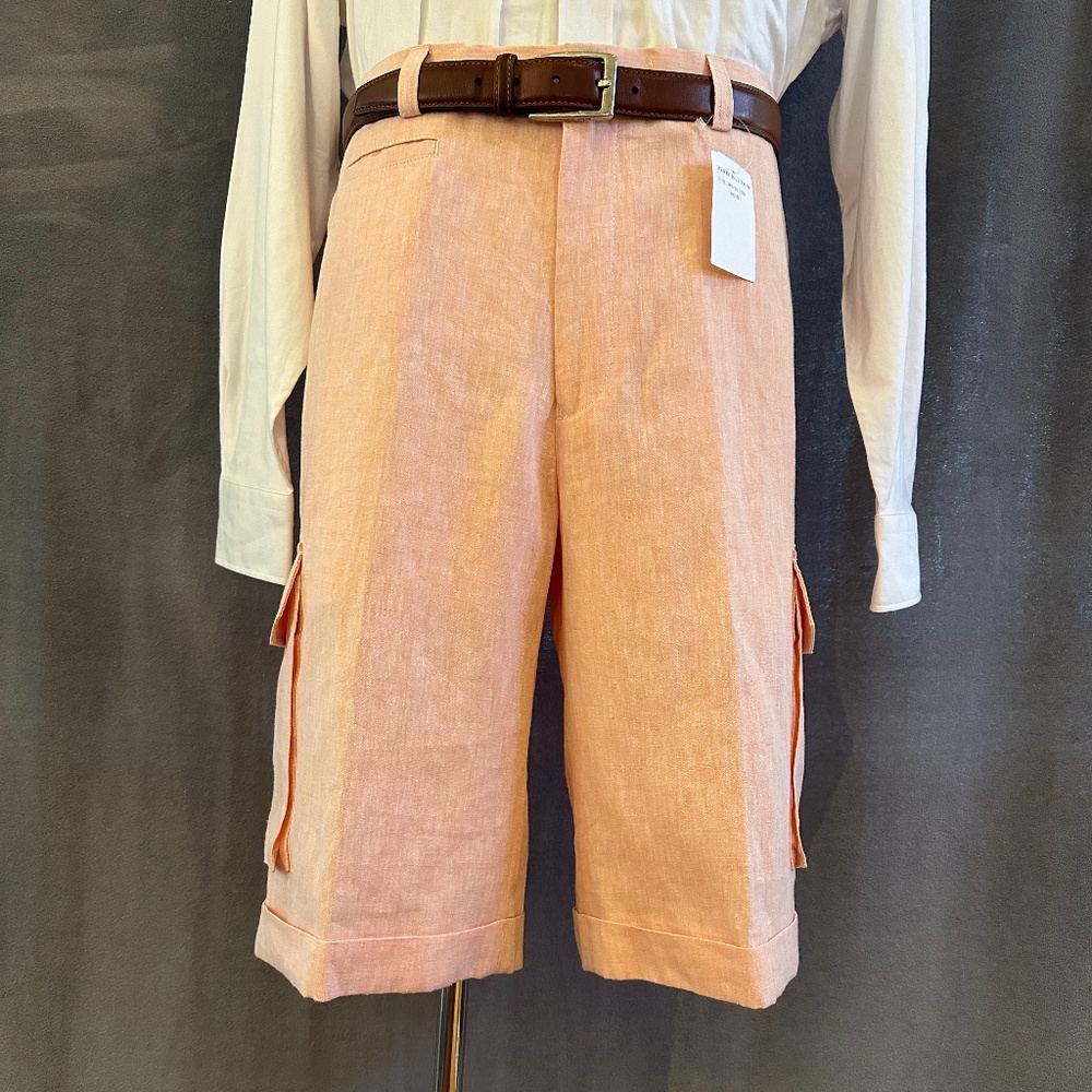 New Henry Jacobson size 34 waist, salmon linen flat front cargo shorts